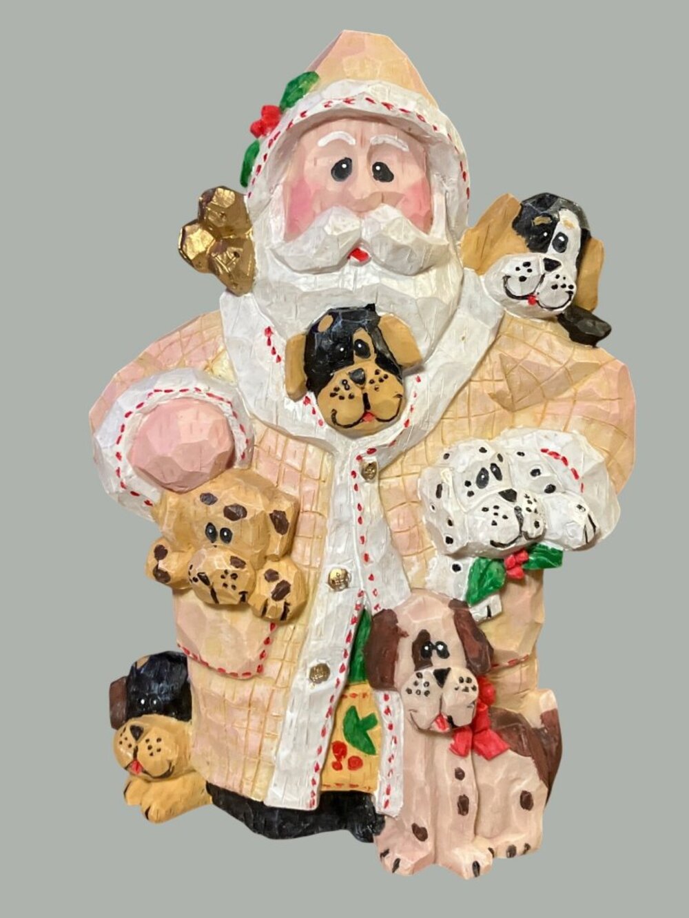 Santa Figurine With Puppies Christmas Decor Hand-Painted 7.25 Inches Tall